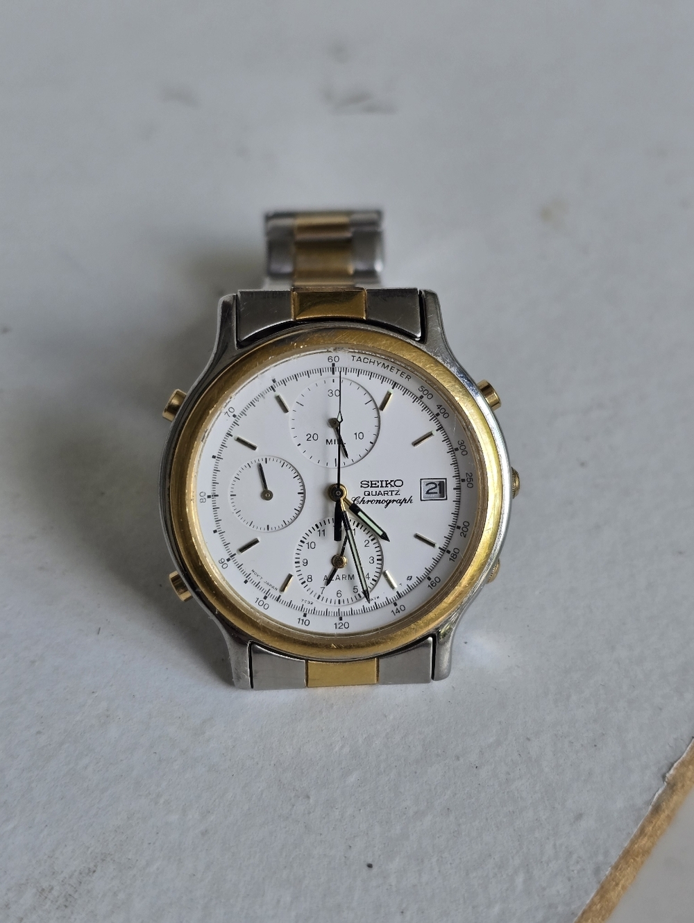 Seiko Chronograph Panda Watch Quartz Mens White Dial Ref 7T32 7C60